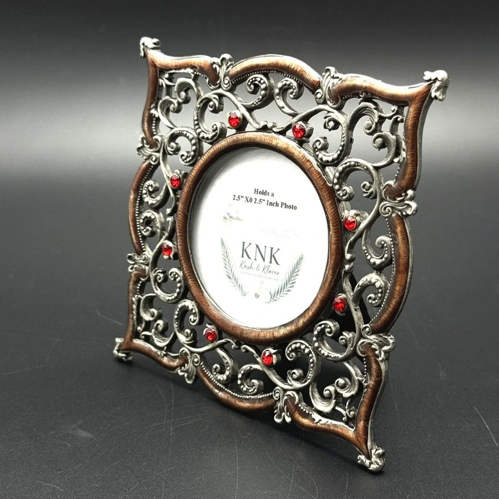 Ornate Picture Frame Bronze Silver Red Rhinestone Coastal Glam‎ 2.5